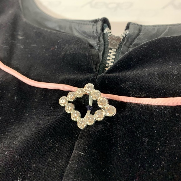Vintage 50's Black Velveteen Cocktail Party Dress Pink Satin Trim Rhinestones 10 - Picture 8 of 11